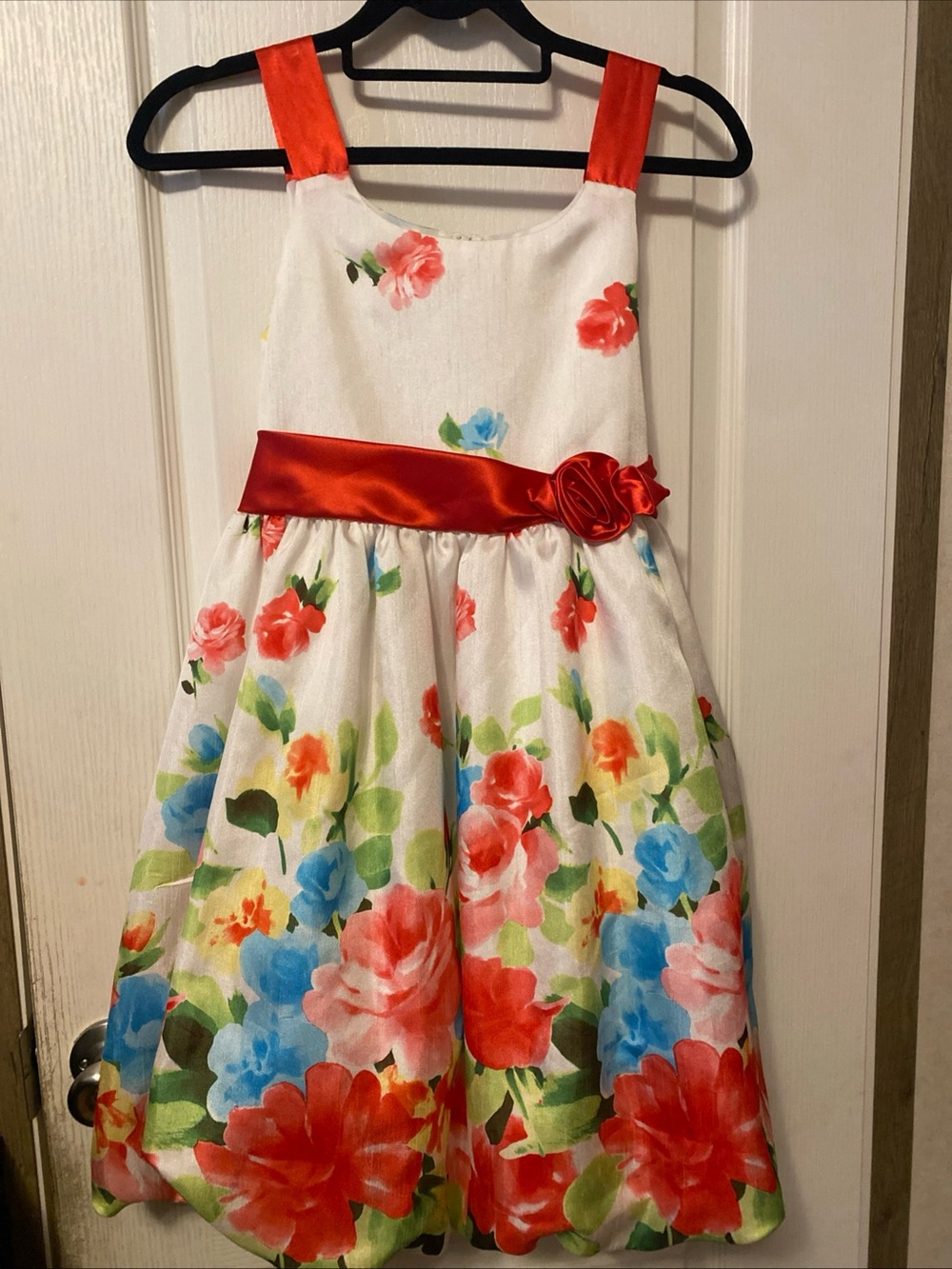 Bonnie Jean White Floral Dress with Red Sash and Rosette